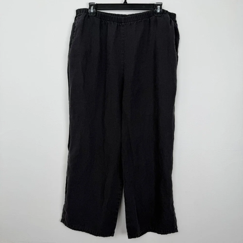 FLAX‎ Jeanne Engelhart Size M Black 100% Linen Wide Leg Elastic Waist Pants